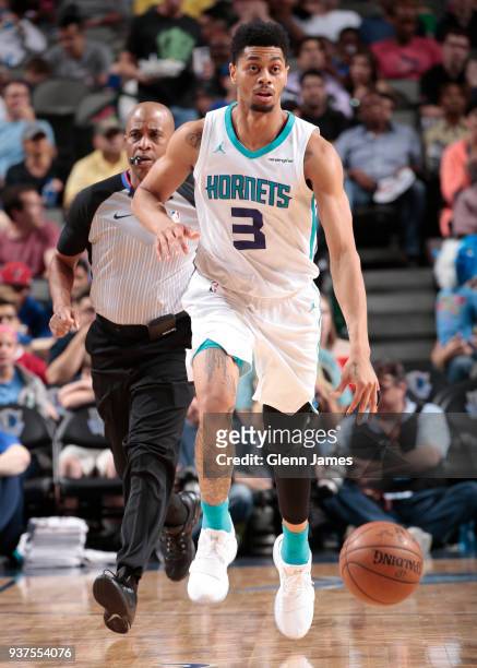 Jeremy Lamb of the Charlotte Hornets moves up the court against the Dallas Mavericks on March 24, 2018 at the American Airlines Center in Dallas,...