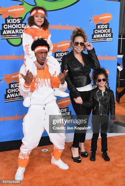 Nick Cannon and Mariah Carey with Moroccan Cannon and Monroe Cannon attend Nickelodeon's 2018 Kids' Choice Awards at The Forum on March 24, 2018 in...