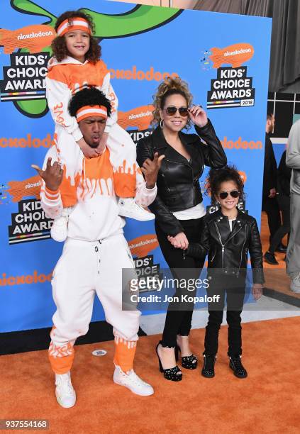 Nick Cannon and Mariah Carey with Moroccan Cannon and Monroe Cannon attend Nickelodeon's 2018 Kids' Choice Awards at The Forum on March 24, 2018 in...