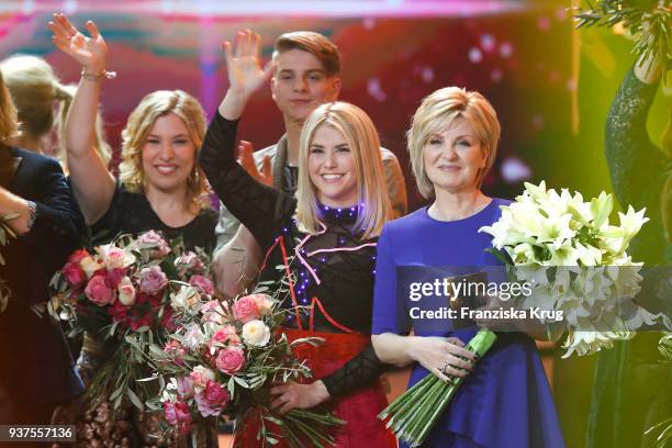 Laura Wilde, Vincent Gross, Beatrice Egli and Carmen Nebel during the tv show 'Willkommen bei Carmen Nebel' on March 24, 2018 in Hof, Germany. The...