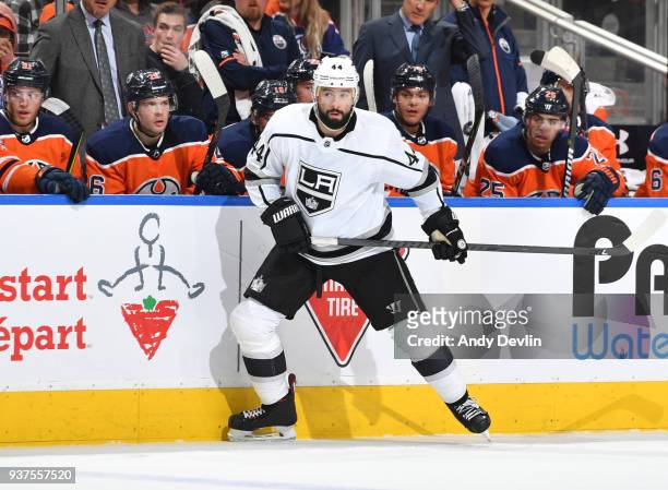 Nate Thompson of the Edmonton Oilers skates during the game against the Los Angeles Kings on March 24, 2018 at Rogers Place in Edmonton, Alberta,...