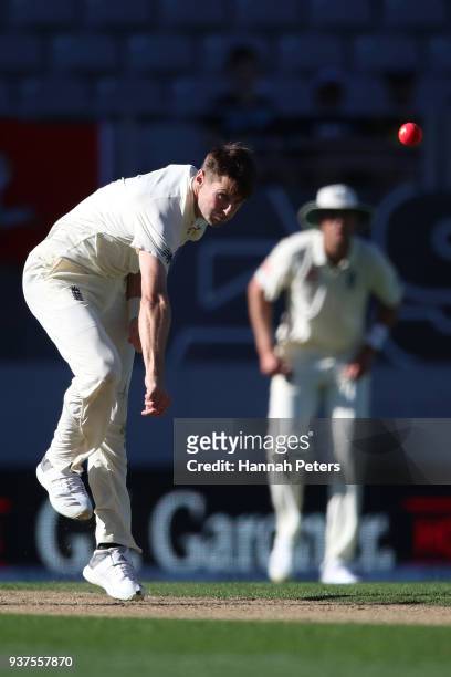 Chris Woakes of England bowls during day four of the First Test match between New Zealand and England at Eden Park on March 25, 2018 in Auckland, New...