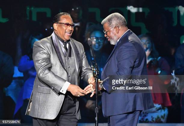 Dr. Bobby Jones presents Honoree Reverend Milton Biggam with the The Chevrolet Ambassador Dr. Bobby Jones Legends Award during the 33rd annual...