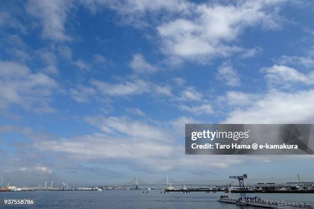 yokohama bay bridge and yokohama harbor in yokohama minatomirai area in yokohama city in kanagawa prefecture in japan - 横浜ベイブリッジ ストックフォトと画像