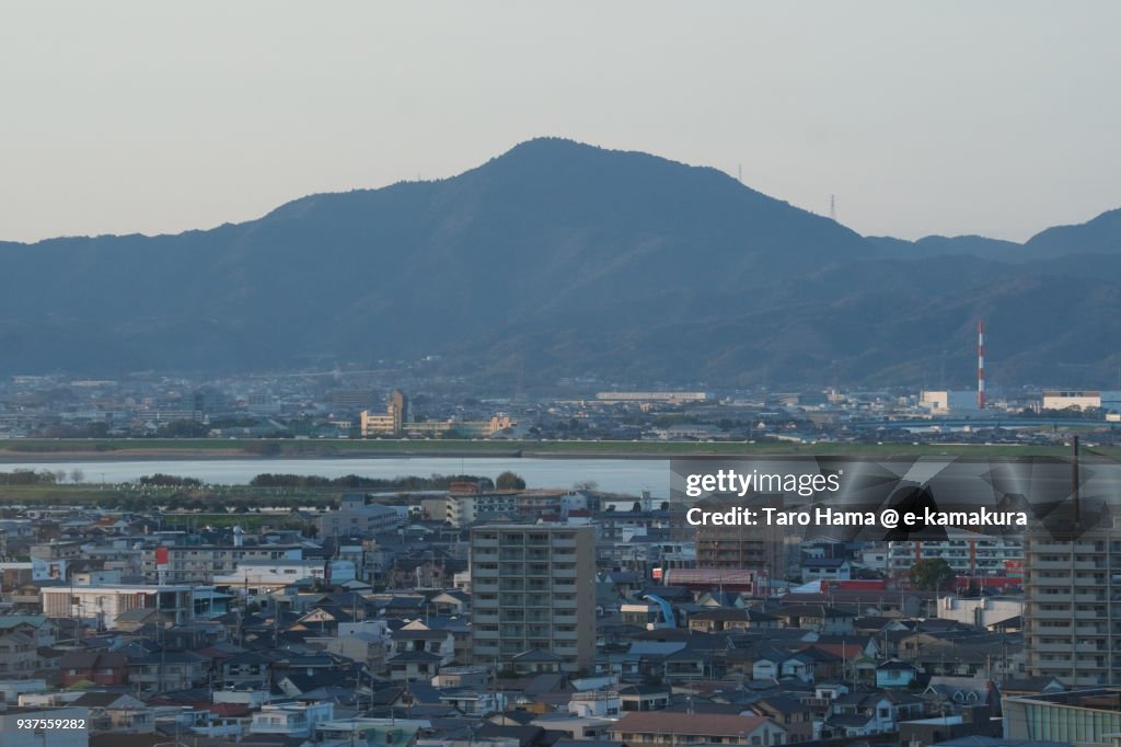 Mount Oasa, Yoshino River and cityscape in center of Tokushima city in Tokushima prefecture in Japan