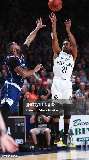 Casper Ware of Melbourne United shoots during game four of the NBL Grand Final series between the Adelaide 36ers and Melbourne United at Priceline...