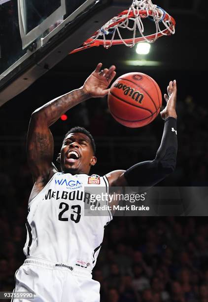 Casey Prather of Melbourne United slam dunks during game four of the NBL Grand Final series between the Adelaide 36ers and Melbourne United at...