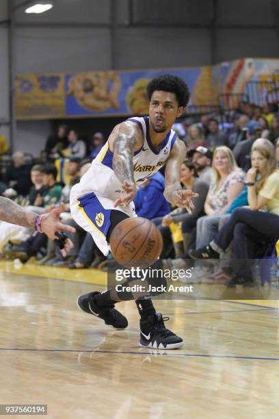 Michael Gbinije of the Santa Cruz Warriors passes the ball against the Reno Bighorns during the G-League game on March 24, 2018 at Kaiser Permanente...
