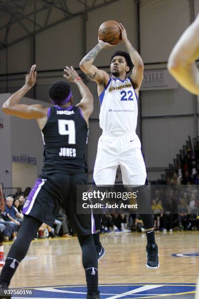 Michael Gbinije of the Santa Cruz Warriors shoots the ball against the Reno Bighorns during the G-League game on March 24, 2018 at Kaiser Permanente...