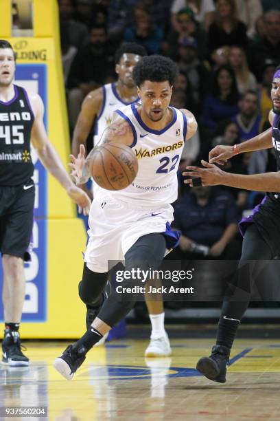Michael Gbinije of the Santa Cruz Warriors handles the ball against the Reno Bighorns during the G-League game on March 24, 2018 at Kaiser Permanente...
