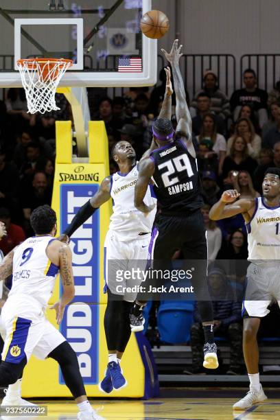 Terrence Jones of the Santa Cruz Warriors plays defense against the Reno Bighorns during the G-League game on March 24, 2018 at Kaiser Permanente...