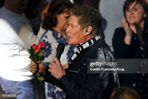 David Hasselhoff performs during the tv show 'Willkommen bei Carmen Nebel' on March 24, 2018 in Hof, Germany. The show will be aired on March 24,...