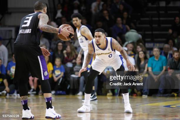 Quinton Chievous of the Santa Cruz Warriors plays defense against the Reno Bighorns during the G-League game on March 24, 2018 at Kaiser Permanente...