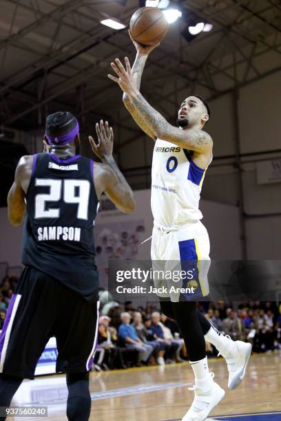 Quinton Chievous of the Santa Cruz Warriors shoots the ball against the Reno Bighorns during the G-League game on March 24, 2018 at Kaiser Permanente...