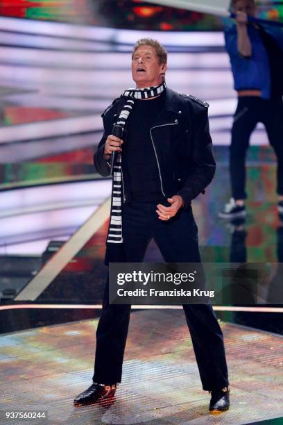 David Hasselhoff performs during the tv show 'Willkommen bei Carmen Nebel' on March 24, 2018 in Hof, Germany. The show will be aired on March 24,...