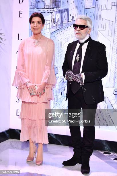 Princess Caroline of Hanover and Karl Lagerfeld arrive at the Rose Ball 2018 To Benefit The Princess Grace Foundation at Sporting Monte-Carlo on...