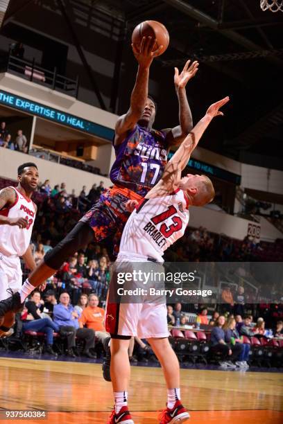 Archie Goodwin of the Northern Arizona Suns shoots against Jalen Bradley of the Sioux Falls Skyforce on March 24 at Prescott Valley Event Center in...