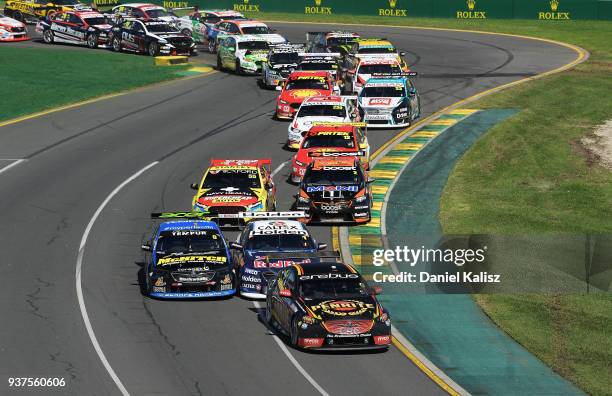 David Reynolds drives the Erebus Penrite Racing Holden Commodore ZB leads at the start of race 4 for the Supercars Australian Grand Prix round at...