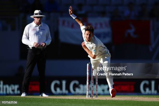 Trent Boult of the Black Caps bowls during day four of the First Test match between New Zealand and England at Eden Park on March 25, 2018 in...