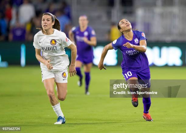 Orlando Pride forward Marta and Utah Royals FC defender Kelley O'Hara during the NWSL soccer match between the Orlando Pride and the Utah Royals on...