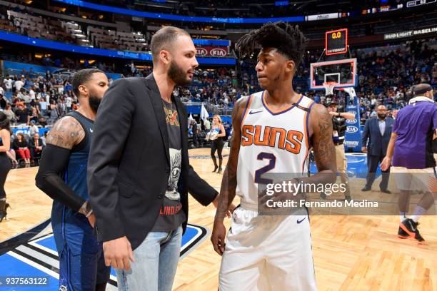 Evan Fournier of the Orlando Magic and Elfrid Payton of the Phoenix Suns talk after the game on March 24, 2018 at Amway Center in Orlando, Florida....