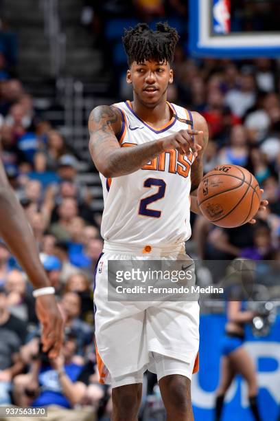 Elfrid Payton of the Phoenix Suns handles the ball against the Orlando Magic on March 24, 2018 at Amway Center in Orlando, Florida. NOTE TO USER:...