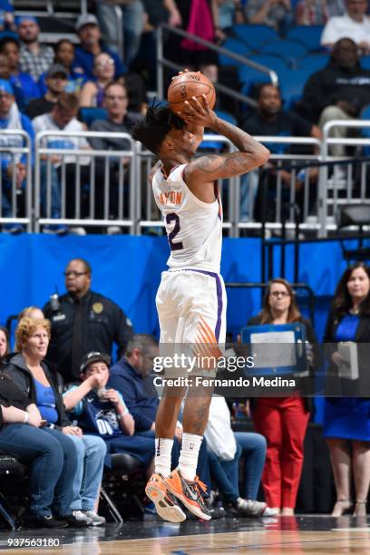 Elfrid Payton of the Phoenix Suns shoots the ball against the Orlando Magic on March 24, 2018 at Amway Center in Orlando, Florida. NOTE TO USER: User...