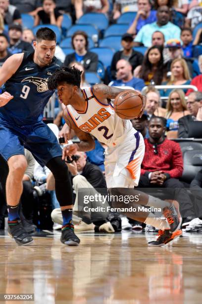 Elfrid Payton of the Phoenix Suns handles the ball against the Orlando Magic on March 24, 2018 at Amway Center in Orlando, Florida. NOTE TO USER:...