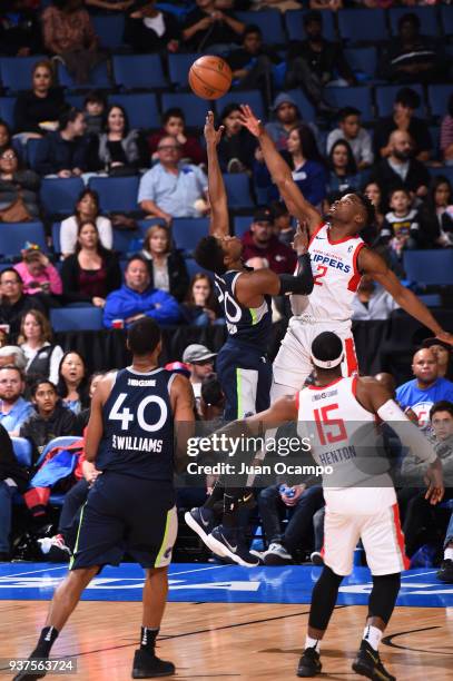 Wes Washpun of the Iowa Wolves and Ike Iroegbu of the Agua Caliente Clippers of Ontario compete for the ball on March 24, 2018 at Citizens Business...