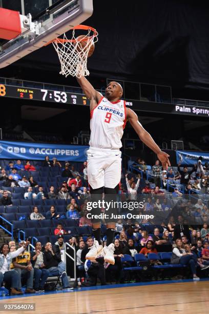 Williams of the Agua Caliente Clippers handles the ball against the Iowa Wolves on March 24, 2018 at Citizens Business Bank Arena in Ontario,...