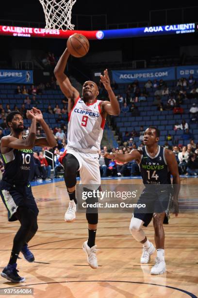 Williams of the Agua Caliente Clippers drives to the basket against the Iowa Wolves on March 24, 2018 at Citizens Business Bank Arena in Ontario,...