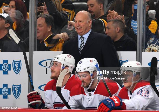 Head coach Claude Julien of the Montreal Canadiens looks on against the Pittsburgh Penguins at PPG Paints Arena on March 21, 2018 in Pittsburgh,...