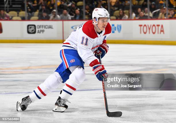 Brendan Gallagher of the Montreal Canadiens skates against the Pittsburgh Penguins at PPG Paints Arena on March 21, 2018 in Pittsburgh, Pennsylvania.