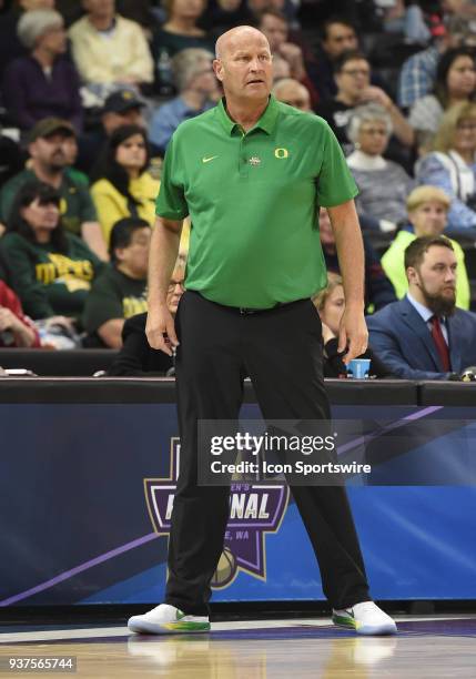 Oregon head coach Kelly Graves looks on during a Division I Women's Championship, Third Round game between the Central Michigan Chippewas and the...