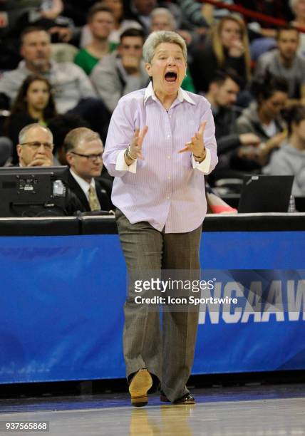 Central Michigan head coach Sue Guevara has some words for her team during a Division I Women's Championship, Third Round game between the Central...