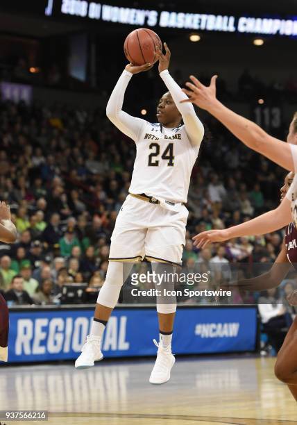 Notre Dame guard Arike Ogunbowale puts up a jumper during the 1st half of a Division I Women's Championship, Third Round game between the Texas A&M...