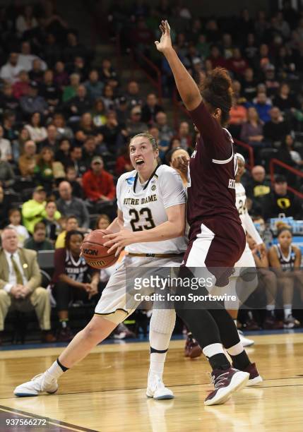 Notre Dame forward Jessica Shepard goes hard against the defense of Texas A&M center Khaalia Hillsman during the 1st half of a Division I Women's...