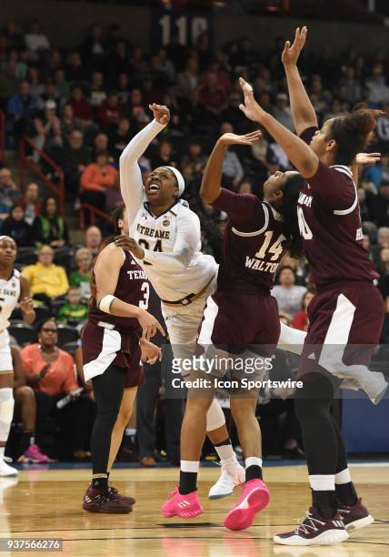 Notre Dame guard Arike Ogunbowale watches her shot approach the rim during the 1st half of a Division I Women's Championship, Third Round game...