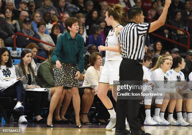 Notre Dame head coach Muffett McGraw makes a point with guard Marina Mabrey during the 1st half of a Division I Women's Championship, Third Round...