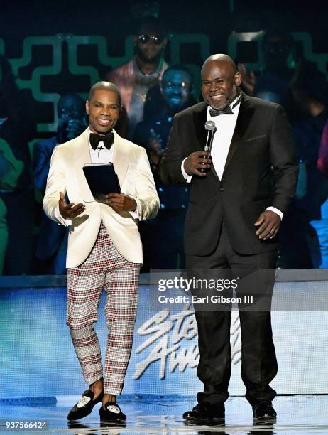 Host Kirk Franklin and David Mann speak during the 33rd annual Stellar Gospel Music Awards at the Orleans Arena on March 24, 2018 in Las Vegas,...