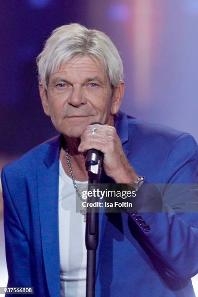 German singer Matthias Reim performs during the tv show 'Willkommen bei Carmen Nebel' on March 24, 2018 in Hof, Germany. The show will be aired on...