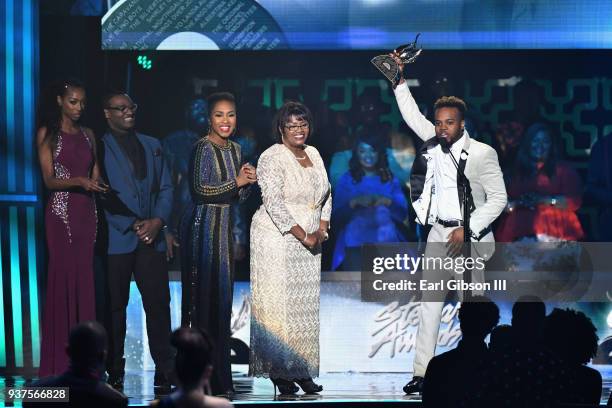 Earnest Pugh onstage as Travis Greene accepts the Male Vocalist of the Year Award during the 33rd annual Stellar Gospel Music Awards at the Orleans...