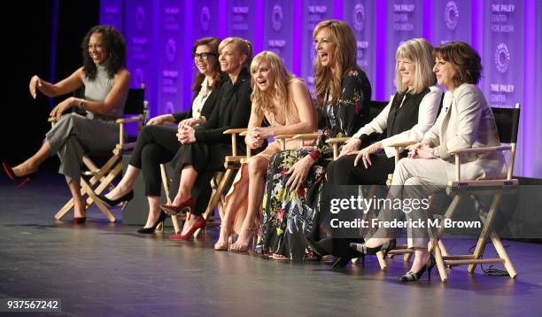 Moderator Nischelle Turner, Gemma Baker, Jaime Pressly, Anna Faris, Allison Janney, Mimi Kennedy, and Beth Hall of the CBS television show "Mom"...