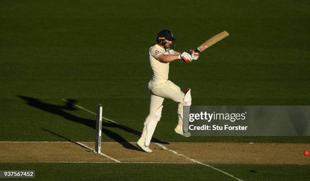 England batsman Mark Stoneman pulls a ball to the boundary during day four of the First Test Match between the New Zealand Black Caps and England at...