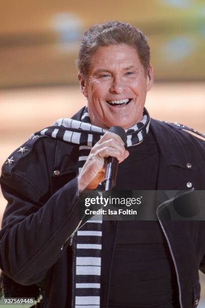 Actor and singer David Hasselhoff performs during the tv show 'Willkommen bei Carmen Nebel' on March 24, 2018 in Hof, Germany. The show will be aired...