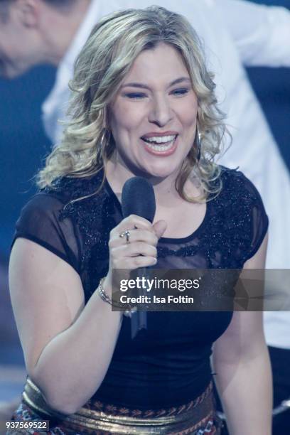 German singer Laura Wilde performs during the tv show 'Willkommen bei Carmen Nebel' on March 24, 2018 in Hof, Germany. The show will be aired on...