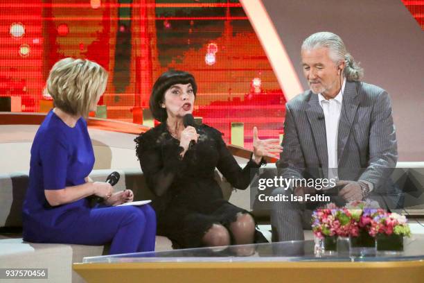 German presenter Carmen Nebel, French singer Mireille Mathieu and US actor Patrick Duffy during the tv show 'Willkommen bei Carmen Nebel' on March...