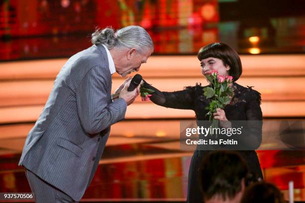 French singer Mireille Mathieu and US actor Patrick Duffy during the tv show 'Willkommen bei Carmen Nebel' on March 24, 2018 in Hof, Germany. The...