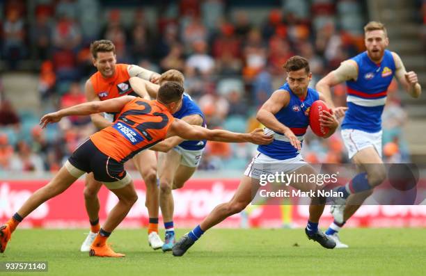 Luke Dahlhaus of the Bulldogs in action during the round one AFL match between the Greater Western Sydney Giants and the Western Bulldogs at UNSW...