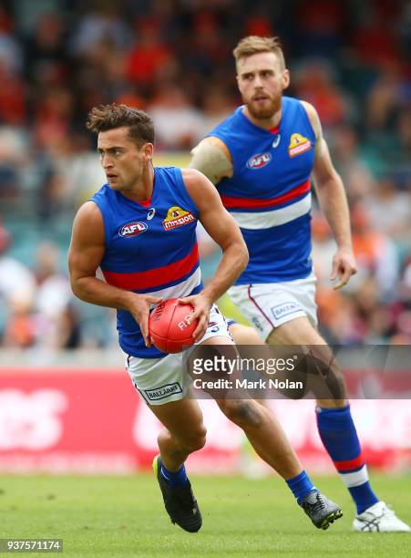 Luke Dahlhaus of the Bulldogs in action during the round one AFL match between the Greater Western Sydney Giants and the Western Bulldogs at UNSW...